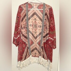 Xhilaration Red and Pink Boho Patterned Kimono with Fringe